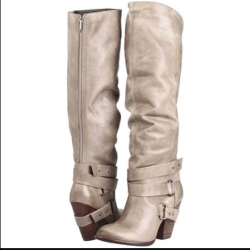 Fergie gray Varsity leather boots 7